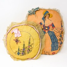 Antique 1920s Embroidered Boudoir Pillows Art Deco Lady Handmade Pair picture
