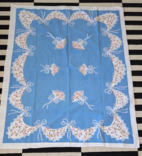 VTG 1950s BRIDAL BOUQUET 60x49 BLUE & PINK COTTON TABLECLOTH LACY RIBBON FLORAL picture