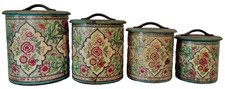 Vintage Daher Distressed Timeworn Tin Floral Canister Set Of 4 Farmhouse Decor picture