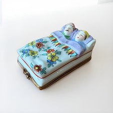 Limoges France Peint Main Porcelain Couple in Bed Trinket Box picture
