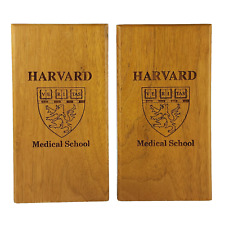 Harvard Medical School Wooden Bookends Engraved Emblem Wood READ ALL AS-IS picture