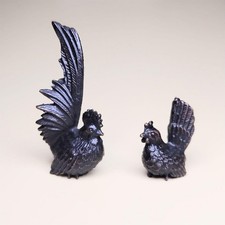 Copper Bantam Chicken Pair Bonsai Figurines Japanese Collectible 15+ picture