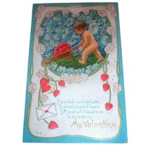 1915 Antique Valentine Postcard Cupid Cherub Wheelbarrow Embossed 1c Stamp picture