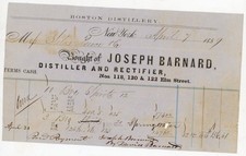 1859 Boston Distillery Billhead Receipt Joseph Barnard Spirits Whiskey New York picture