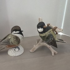 Goebel Chickadee Bird Figurines Pair Porcelain Bisque Branch & Base West Germany picture