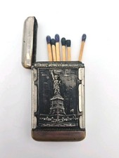Antique Vesta MATCHSAFE Match Case Statue Of Liberty Brooklyn Bridge New York  picture