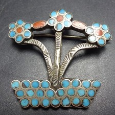 Vintage ZUNI Sterling Silver TURQUOISE CORAL Flat Inlay PIN/BROOCH Flower Garden picture