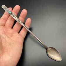 Vintage Navajo Native UITA6 Turquoise  Hand Stamped Leaf Silver Spoon picture