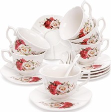 Tea Cup & Saucer Set of 6 Porcelain Ivory Rose Tea Cups W/ Saucers & Spoons 6 oz picture