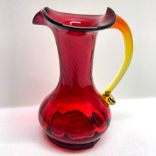 VTG Amberina Red Yellow Art Glass Ruffle Rim Creamer Pitcher Vase UV Glow 4.75