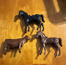 Lot of 3 Vintage Plastic Animal Figurines - 2 Horses & 1 Bull/Cow, Black & Brown picture
