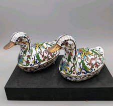 Vintage Chinese Cloisonne Enamel Duck Trinket Boxes Pair White Ground Brass Set picture