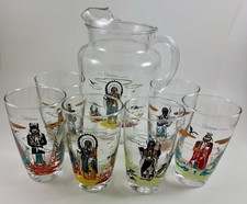 RARE CLEAR 6 Glasses & Pitcher Set Knox Oil Famous Oklahoma Indians Blue Eagle picture