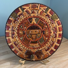 VTG Aztec Mayan Solid Wood Wall Hanging Sun Calendar Inlay Hand Carved Art 12” picture