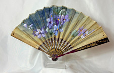 Vtg Maxim's Linen Folding Fan Painted Purple Pansies W/ Gold Sequins France picture
