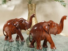 Hand Carved Solid Wood Elephant Pair Sculptures Artisan Global Decor Boho 4.5