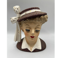 Napco 1956 Ceramic Woman Head Vase Brown White Bow Art Mid Century Original picture