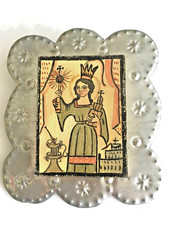 VINTAGE 1980's TIN AND WOOD SANTA BARBARA RETABLO PLAQUE by MARIE ROMERO CASH picture