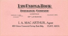 I A Mac Arthur Flint Mich Law Union & Rock Insurance Co advertising blotter picture
