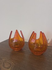 Vintage Viking Glass Persimmon Amberina Crackle Patio Lite Candle Holders Pair picture
