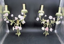 EHI Pair Old French Italian Tole 2-Branch Candle Sconces Porcelain Flowers 18