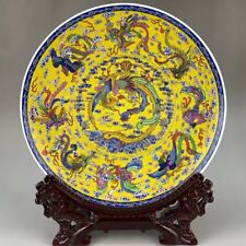 Vintage Chinese Pastel Famille Rose Porcelain Yellow 9 Phoenixes Plate picture