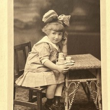 Antique Trifold Photograph Adorable Little Girl Teacup Tea Party Boston MA picture