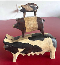 Vintage Hand-Carved Wooden Pig Stack Figurine – Folk Art Rustic Farmhouse Decor picture