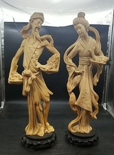 Pair Hand Carved 19 1/2  Alabaster Resin Sighned Oriental Man And Woman Signed picture