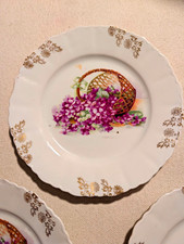 Antique JSV Germany Porcelain Dessert Plates Set of 5 Basket of Violets Gold Rim picture