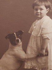 Antique 1900s Harper Joliet IL Photo Girl Holding Hands with Fox Terrier Dog  picture