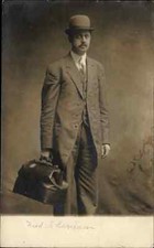 Fort Wayne IN Cancel Shoe Salesman in Studio w/ Travel Bag Real Photo Postcard picture
