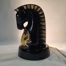 Vintage Ceramic Horse Head Lamp Black & Gold Chess Trojan MCM Art 1940-60's READ picture