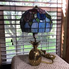 Vintage Brass Pineapple 16 1/2” Lamp With Stained Glass Shade picture