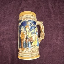 Vintage German-Style Ceramic Beer Stein Mug Raised Relief Castle & People Scene picture