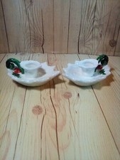 2 Vintage Lefton Christmas White Holly Chamber Candlestick Candle Holderss 70/71 picture
