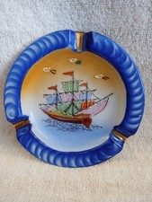 Vintage Round Hand Painted Sailboat Ship Ashtray Pat.  Made in JAPAN picture