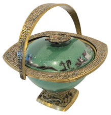 Vg Heavy Brass Hebrew ISRAEL Serving Bowl & Lid Judaism Jewish Jerusalem Judaica picture