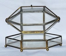 Vintage Brass Glass Hexagon Jewelry Trinket Box Footed Domed Lid Display Casket picture