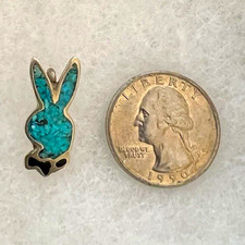 Playboy Bunny Head Pinback Lapel Pin Turquoise Inlay Blue Front Black Back picture