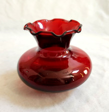 Anchor Hocking? Ruby Red Ruffled Edge Art Glass Bud Vase 3.25