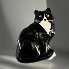 Vintage Black White Cat Refrigerator Magnet Tuxedo Ceramic Green Eyes picture