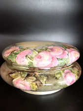 Antique Vignaud Limoges Floral Lidded Vanity Jar Hand Painted Pink Roses France picture