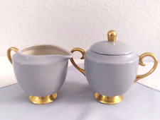 Flintridge Made in CA USA Husky Blue Gold Porcelain Creamer + Lidded Sugar Bowl picture