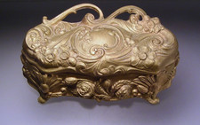 Antique Victorian Gold Tone Art Nouveau Footed Casket Jewelry Trinket Box  picture