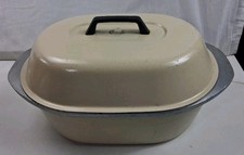 Vintage Club Aluminum Oval Roaster Dutch Oven Cookware Cream Almond Tan With Lid picture