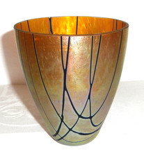 Vintage Blown Glass Gold Iridescent Purple veined Art Glass Vase 4-3/4