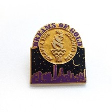 Vintage Atlanta 1996 Olympic Dreams Torch Pin City Skyline Night Moon Enamel picture