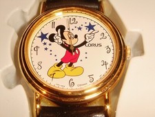 Vintage Mickey Mouse LORUS Quartz Watch V501-A638 Black Leather Band NEW picture