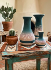 3 Southwestern Art Pottery Vases Sioux Ombre Turquoise, Coral Signed Ceramic picture